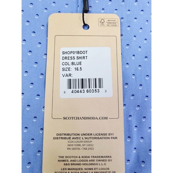 Scotch & Soda Amsterdam Sz 16.5/42 Mens Modern Fit Stretch Blue Polka Dots Shirt - Picture 5 of 12